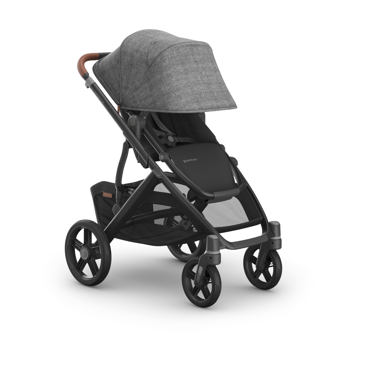 UPPAbaby Vista V3 Pram With Bassinet - Greyson (Charcoal Melange / Carbon), three quarter right sunshade