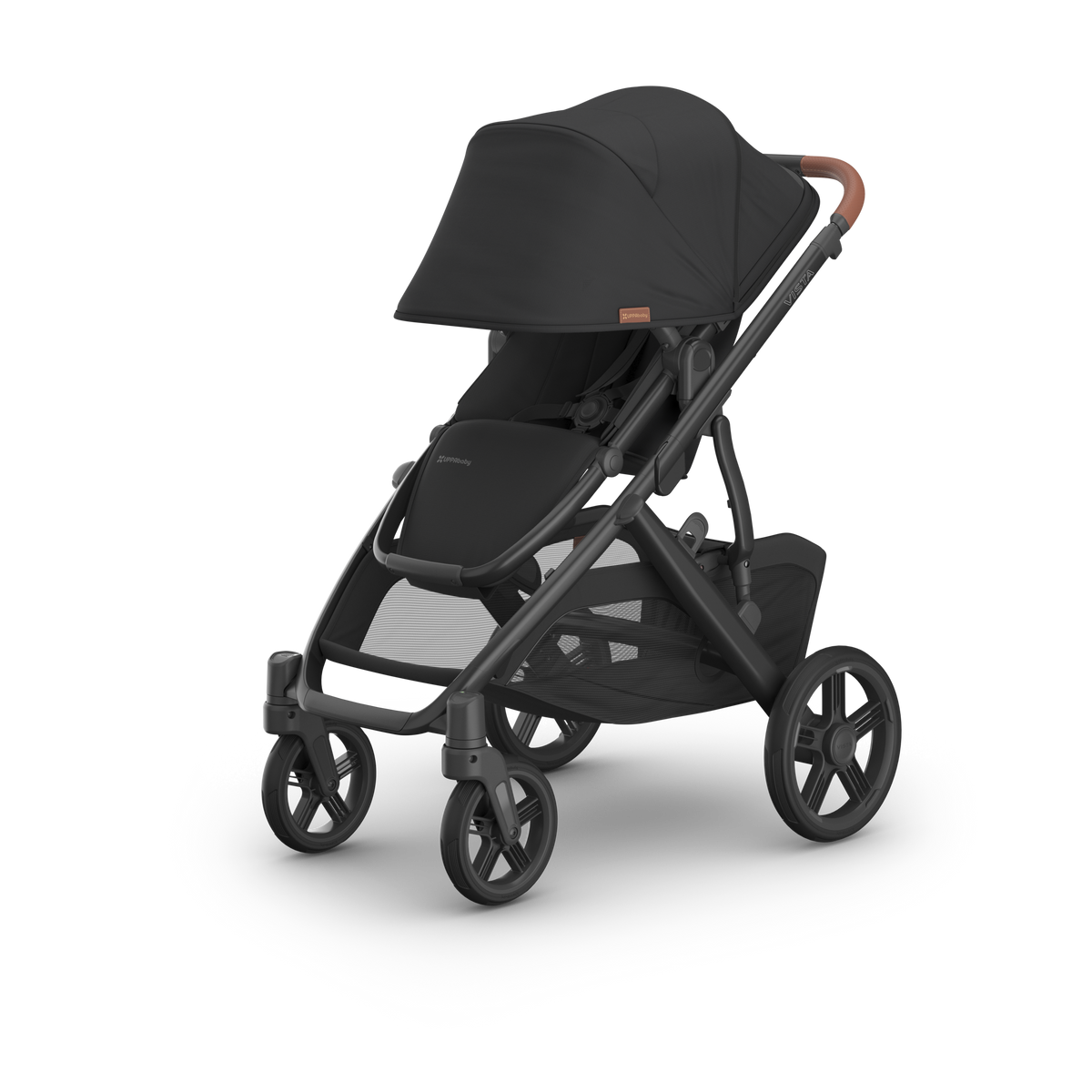 UPPAbaby Vista V3 Pram With Toddler Seat Only - Nori (Charcoal / Saddle Leather), three quarter left sunshade