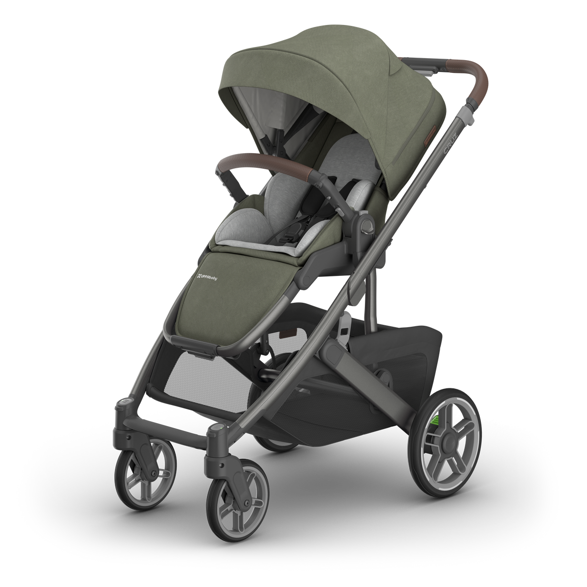 UPPAbaby Cruz V3 Pram - Evelyn (Meadow Green), three quarter left with infant insert