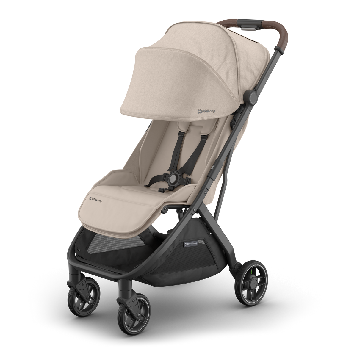 UPPAbaby Minu V3 Stroller - Ada (Sandstone / Chestnut Leather), three quarter left sunshade