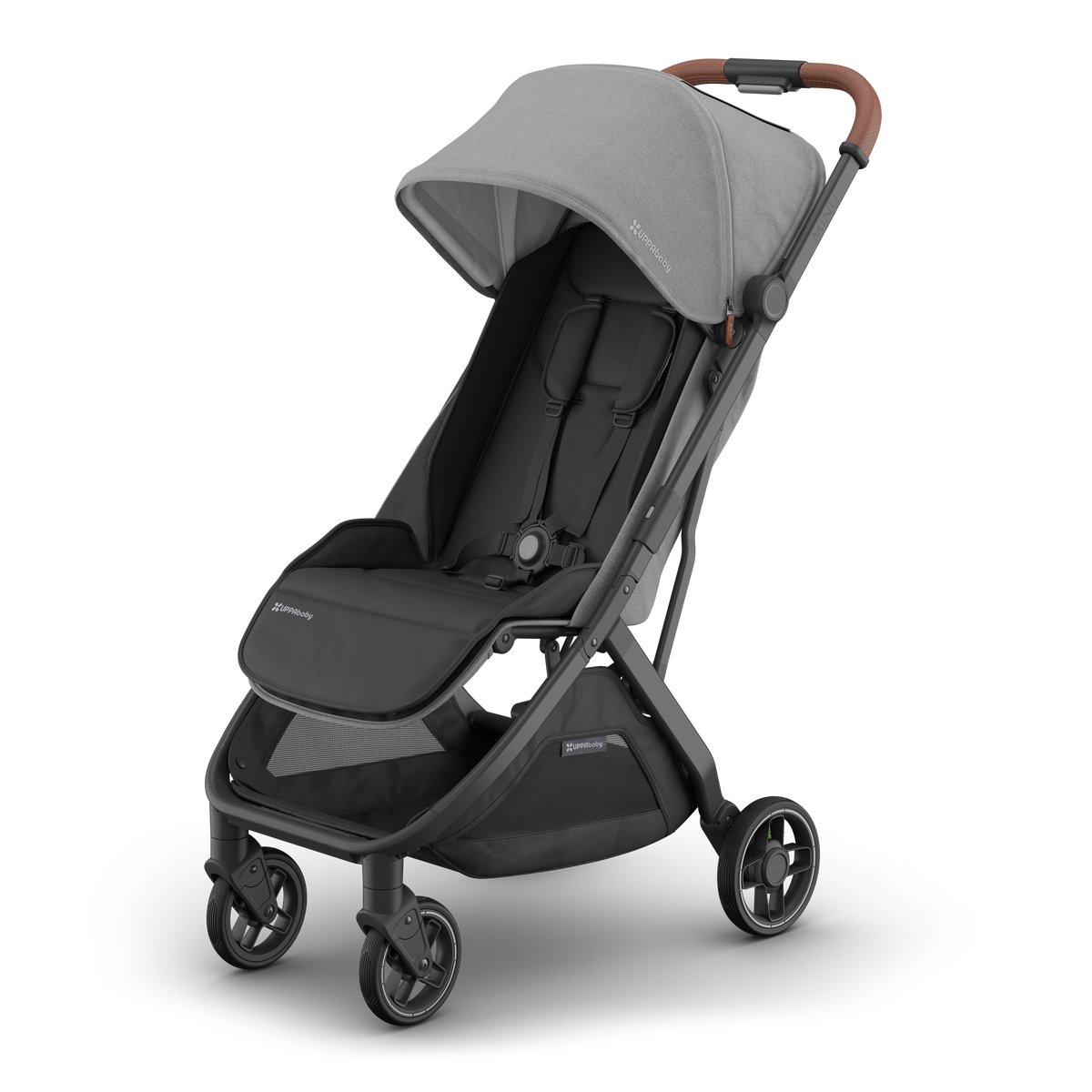 UPPAbaby Minu V3 Stroller - Greyson (Charcoal / Carbon / Saddle Leather), three quarter left hero
