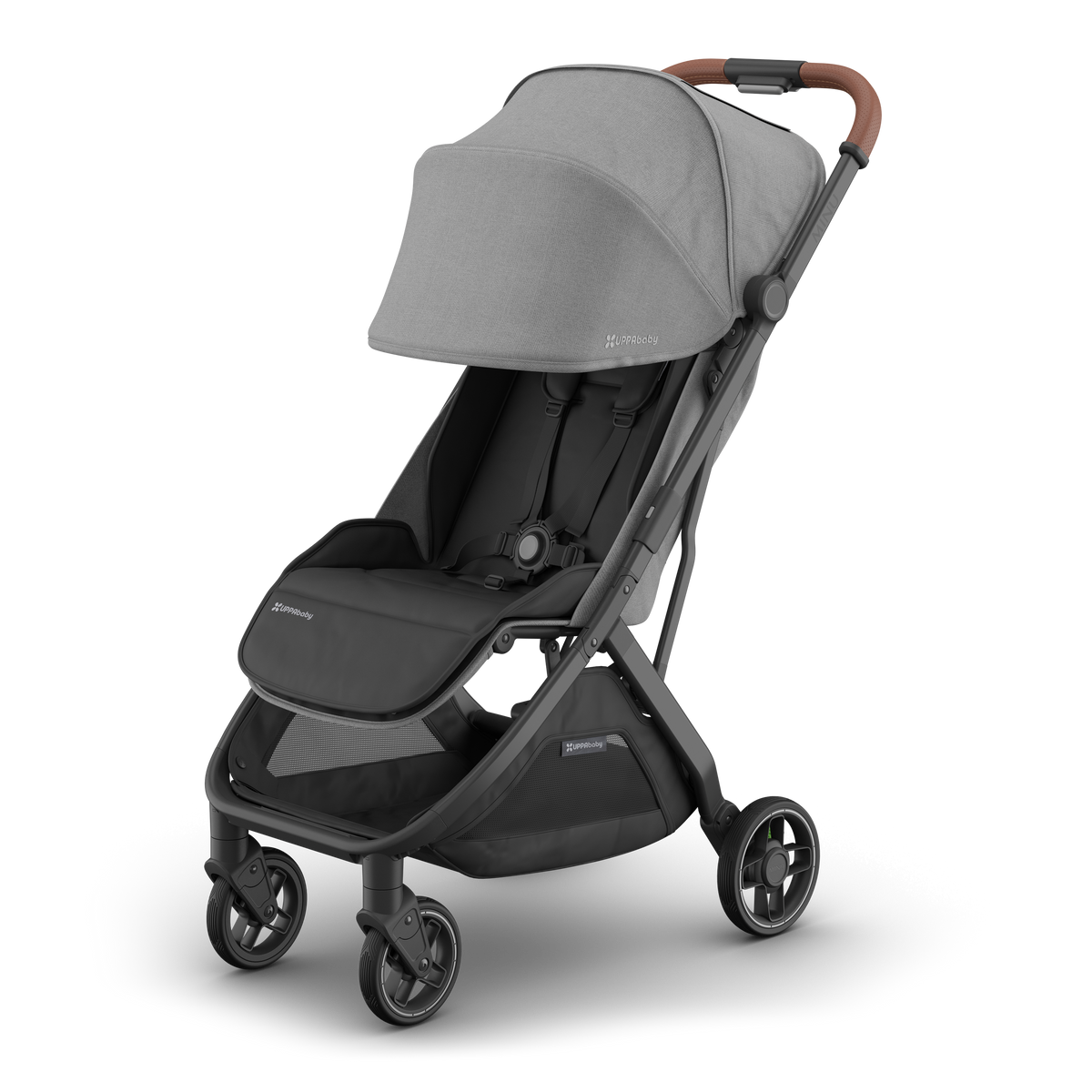 UPPAbaby Minu V3 Stroller - Greyson (Charcoal / Carbon / Saddle Leather), three quarter left sunshade