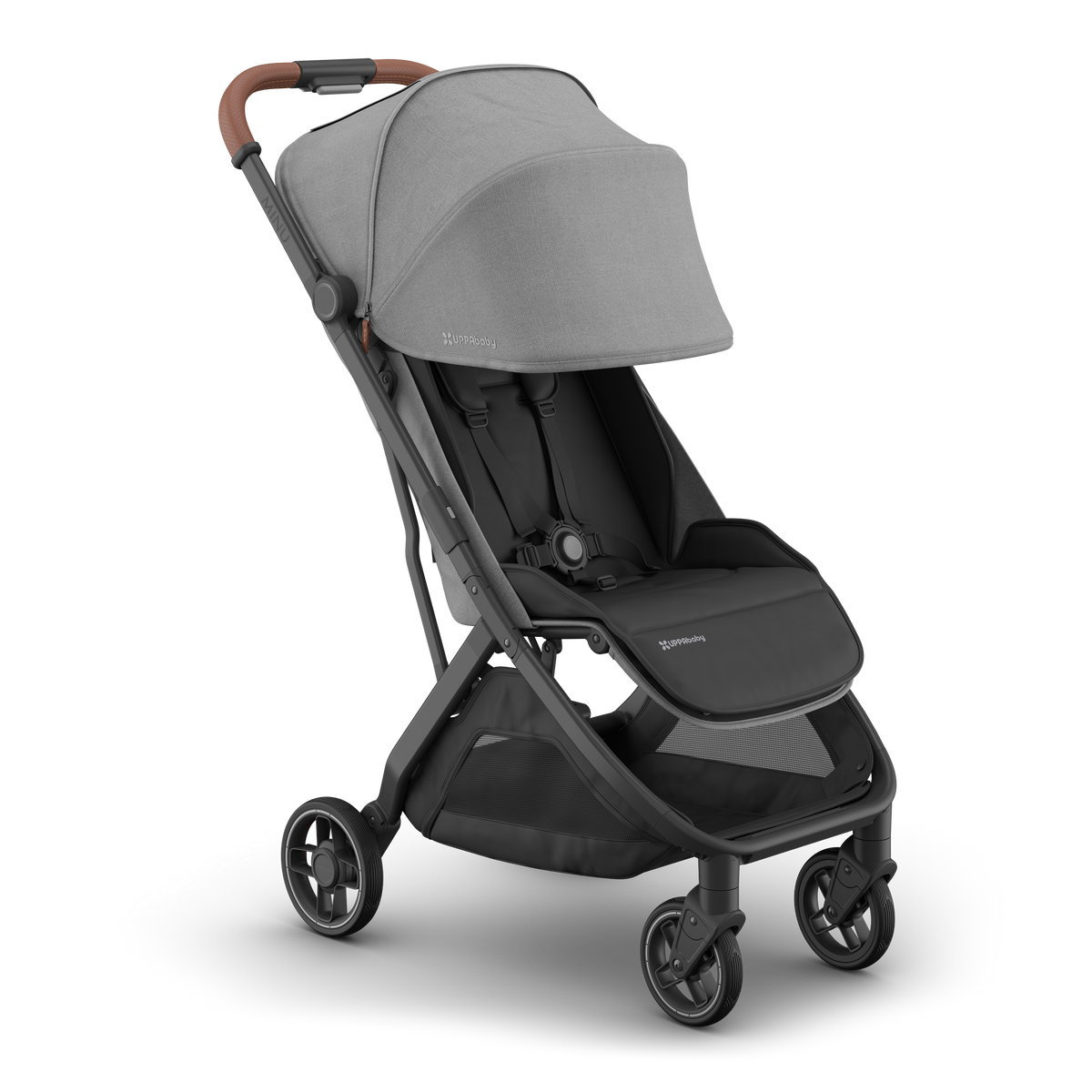 UPPAbaby Minu V3 Stroller - Greyson (Charcoal / Carbon / Saddle Leather), three quarter right sunshade