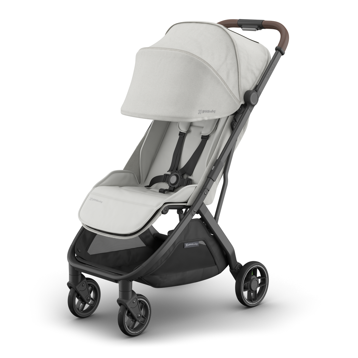 UPPAbaby Minu V3 Stroller - Savannah (Pearl Grey / Carbon), three quarter left sunshade