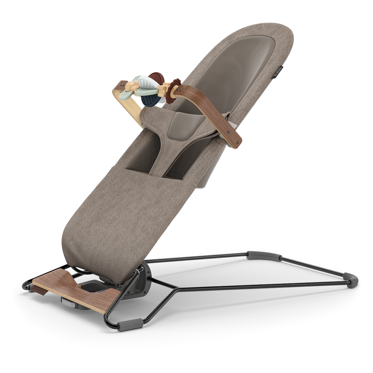 UPPAbaby Mira Baby Bouncer Wonder Wheel Toy Bar (Multicolor / Walnut Wood), three quarter left