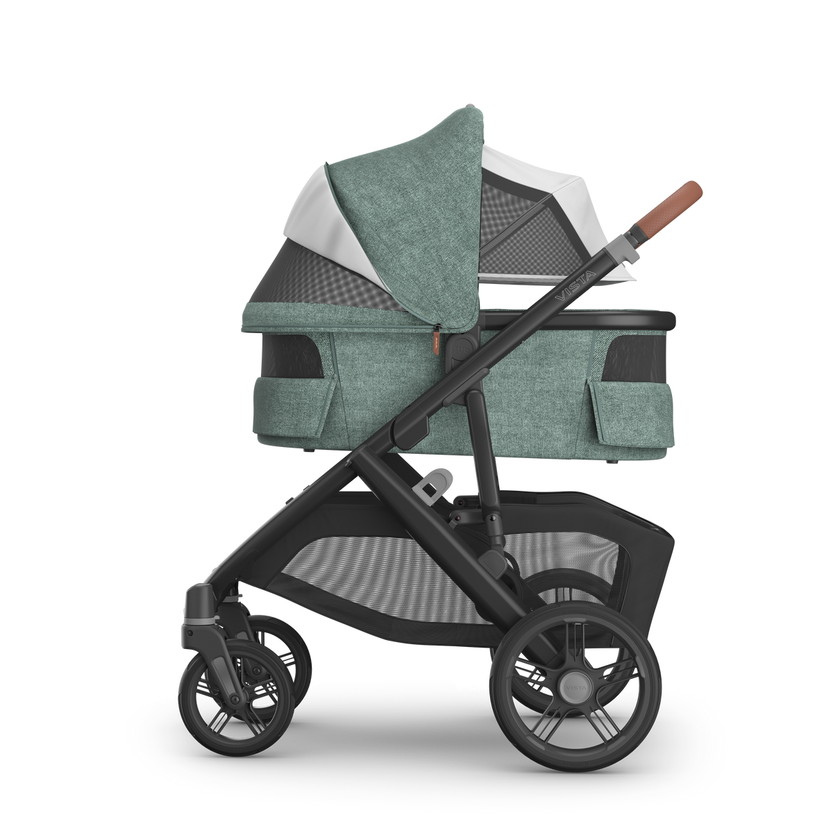 UPPAbaby V3 Bassinet - Gwen (Green Melange), on Vista V3, side, all vents open