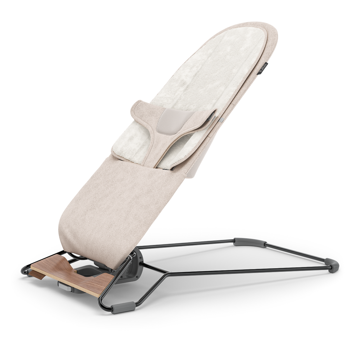 UPPAbaby Mira Baby Bouncer - Charlie (Sand Melange / Black Chrome / Walnut Wood), three quarter left insert