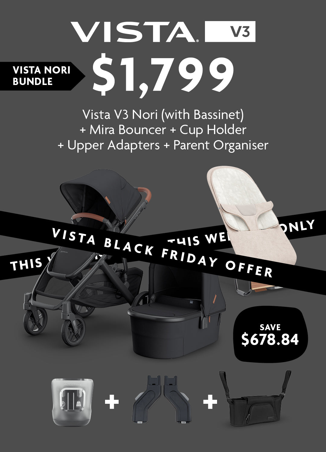BLACK FRIDAY DEAL - VISTA V3 NORI BUNDLE - Vista V3 Pram Nori (With Bassinet)