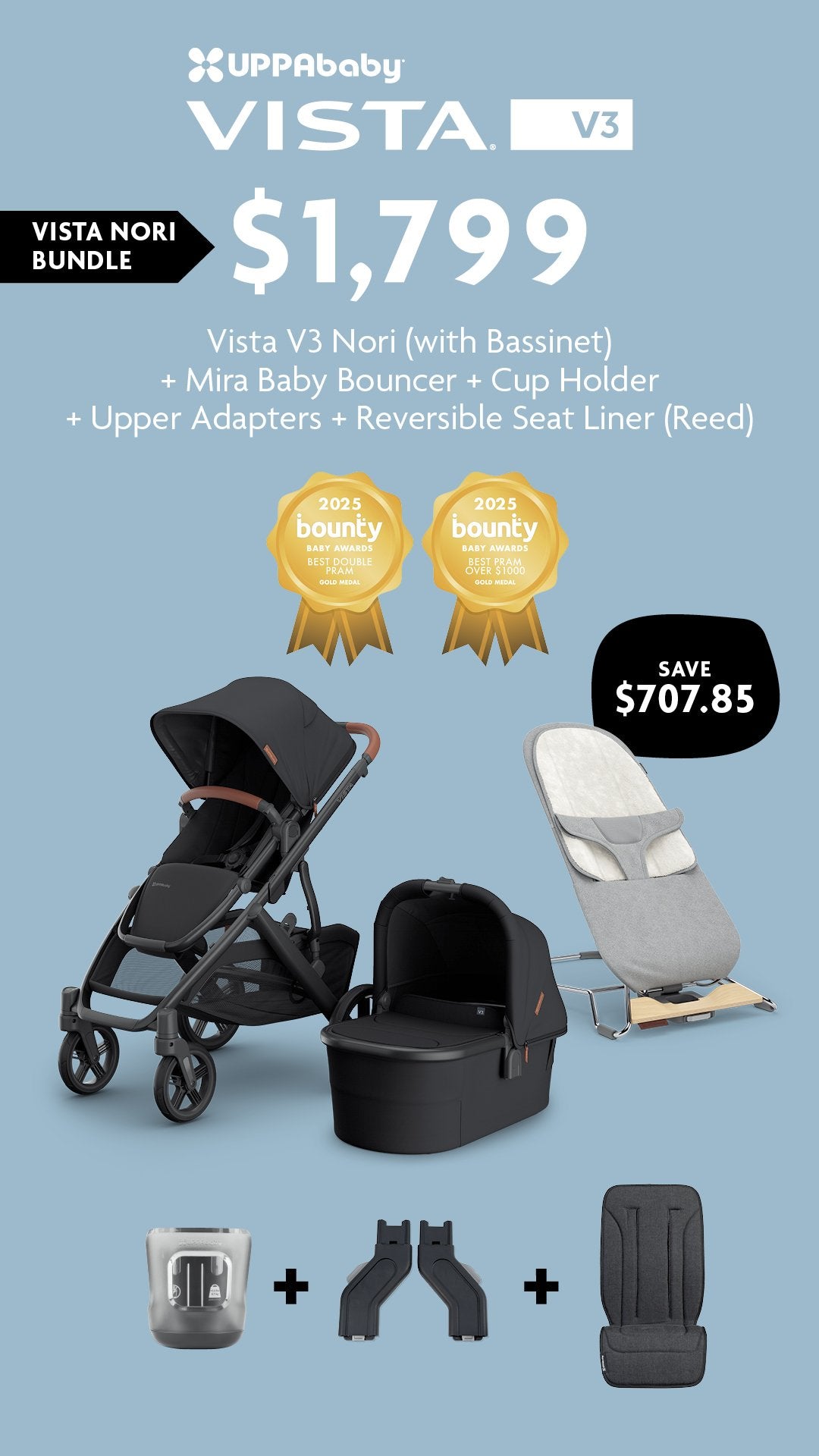 EXPO DEAL - VISTA V3 NORI BUNDLE - Vista V3 Pram Nori (With Bassinet)