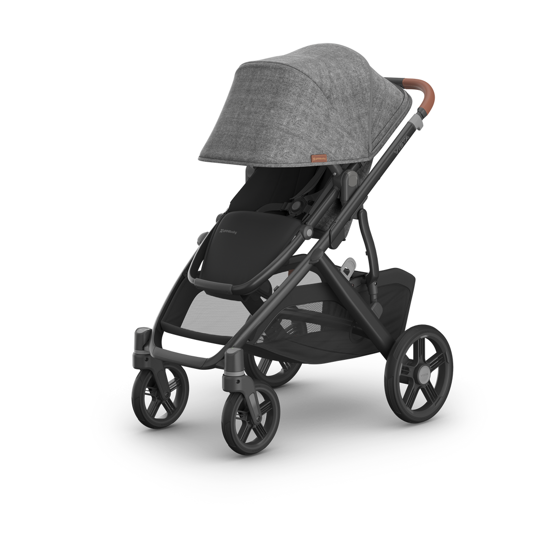 UPPAbaby Vista V3 Pram With Bassinet - Greyson (Charcoal Melange / Carbon), three quarter left sunshade