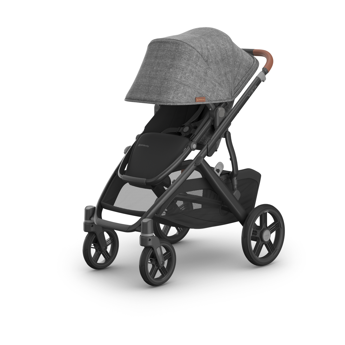 UPPAbaby Vista V3 Pram With Bassinet - Greyson (Charcoal Melange / Carbon), three quarter left sunshade