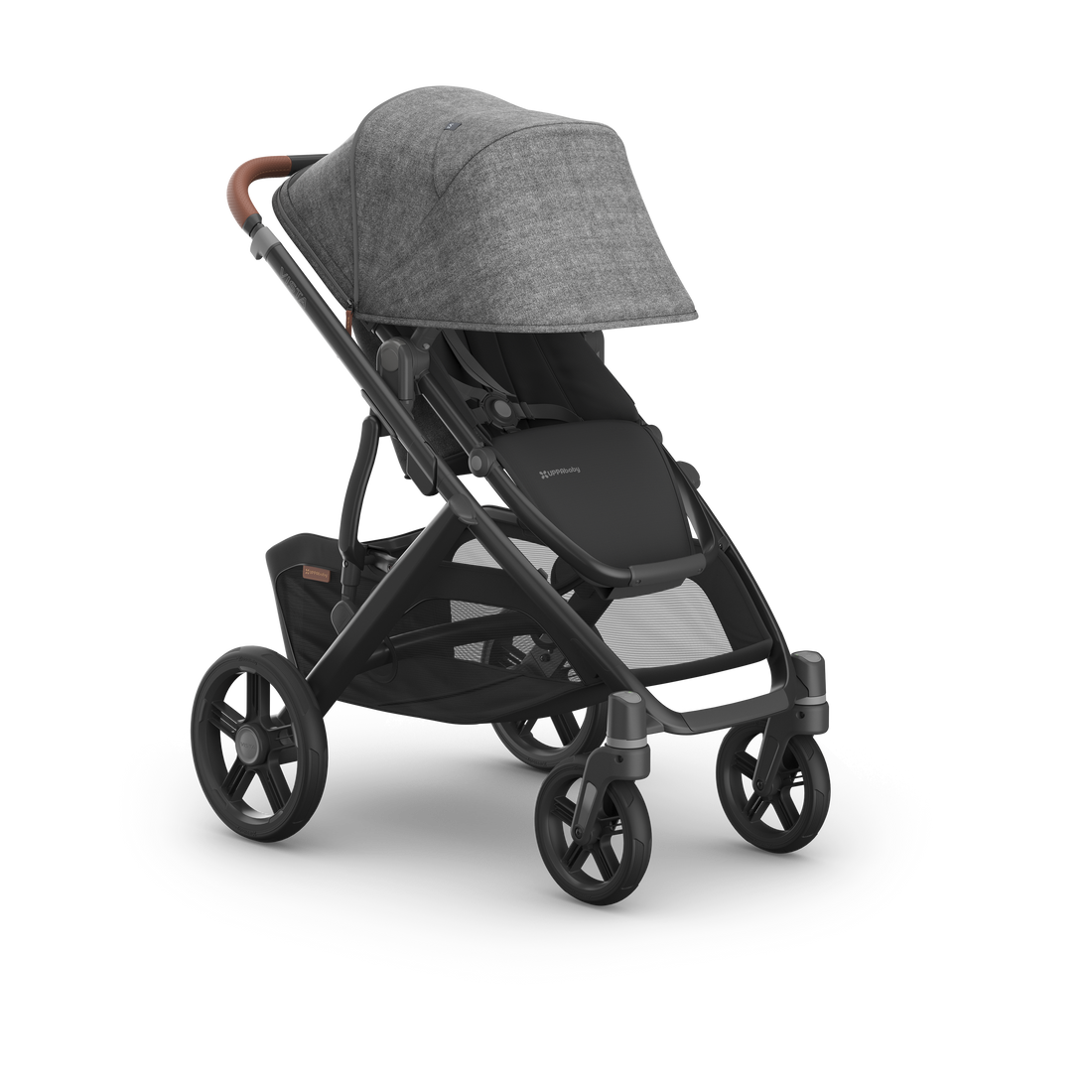 UPPAbaby Vista V3 Pram With Bassinet - Greyson (Charcoal Melange / Carbon), three quarter right sunshade