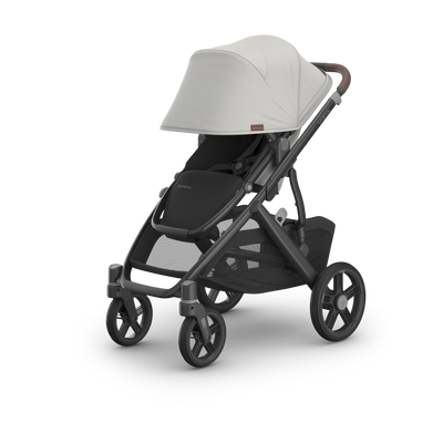 UPPAbaby Vista V3 Pram With Bassinet - Savannah (Pearl Grey Jacquard / Carbon), three quarter left sunshade