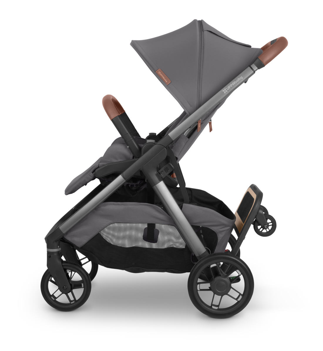 UPPAbaby Kona PiggyBack Ride-Along Board stowed up on the Kona, side view