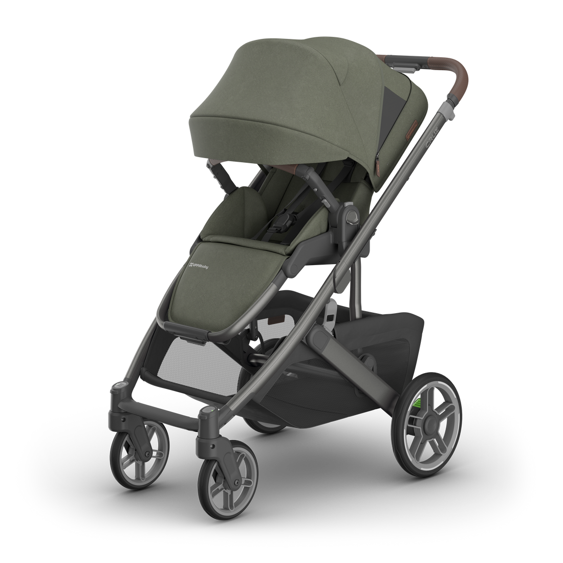 UPPAbaby Cruz V3 Pram - Evelyn (Meadow Green), three quarter left sunshade