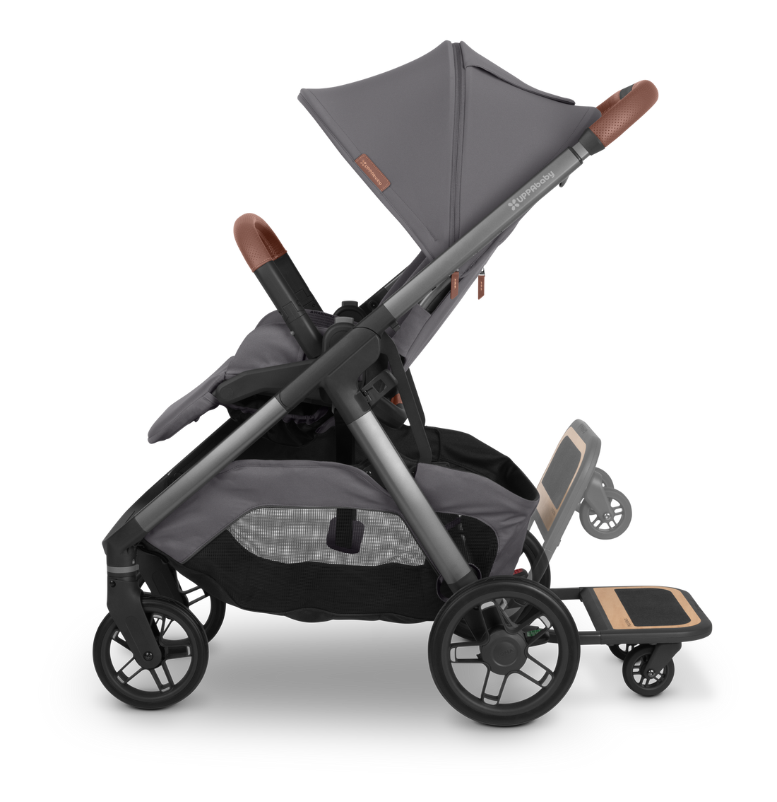 UPPAbaby Kona PiggyBack Ride-Along Board on the Kona, shown down and stowed up
