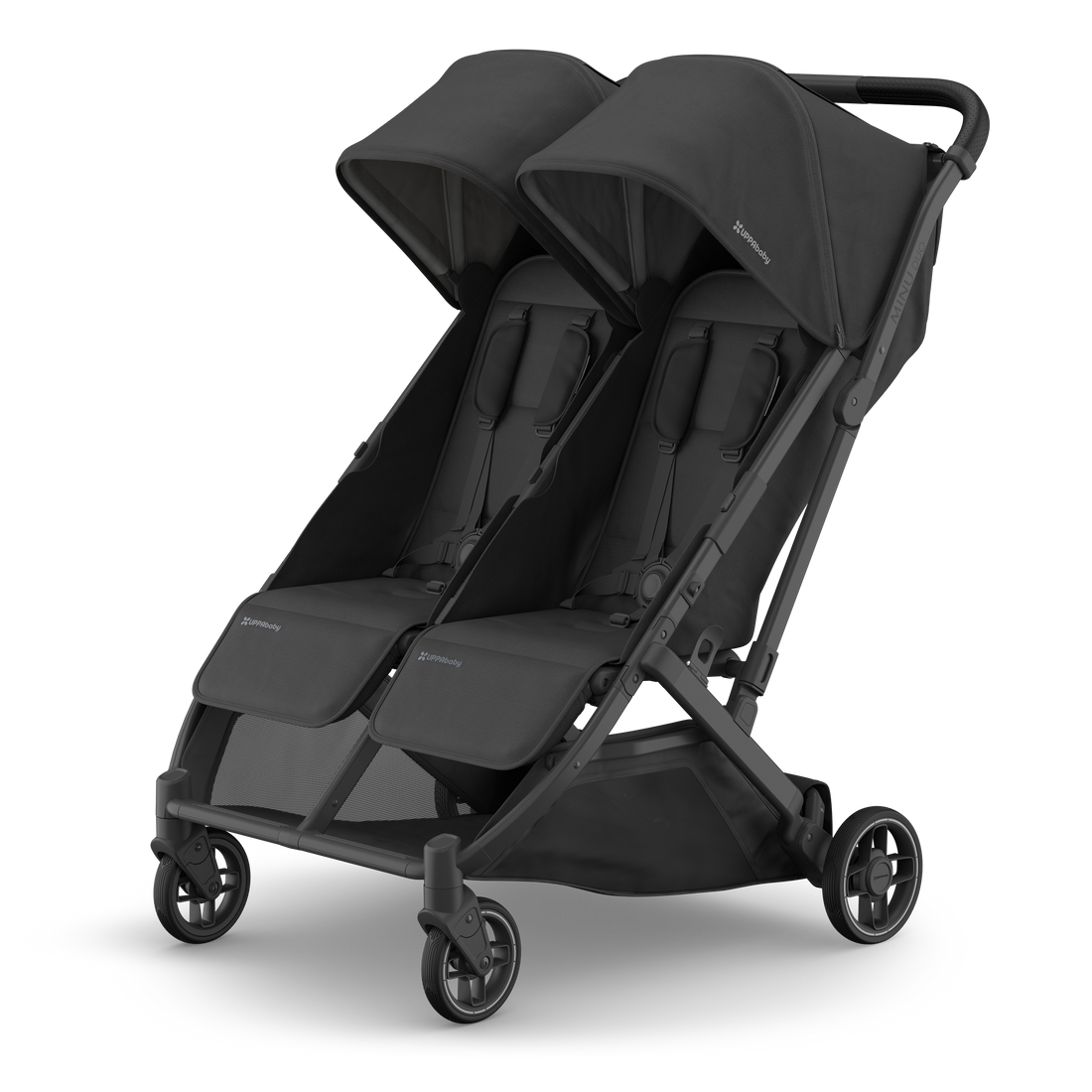 UPPAbaby Minu Duo Stroller - Jake (Charcoal / Carbon / Black Leather), three quarter left hero