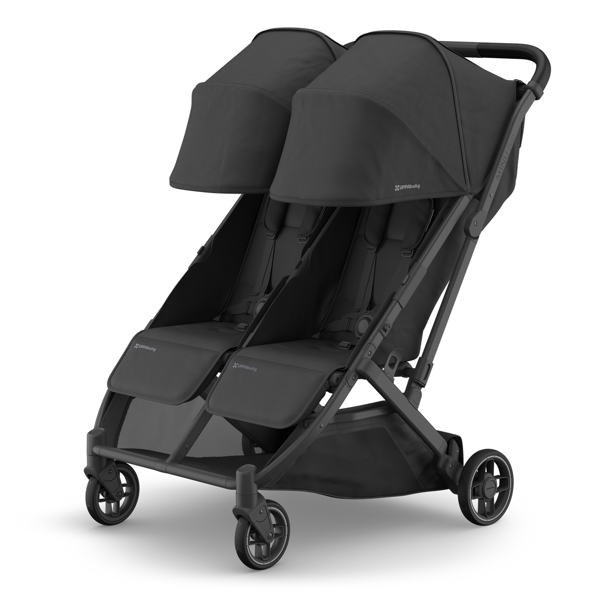 UPPAbaby Minu Duo Stroller - Jake (Charcoal / Carbon / Black Leather), three quarter left sunshade