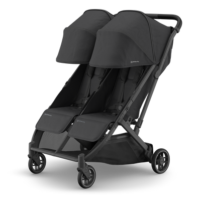 UPPAbaby Minu Duo Stroller - Jake (Charcoal / Carbon / Black Leather), three quarter left sunshade