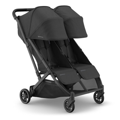 UPPAbaby Minu Duo Stroller - Jake (Charcoal / Carbon / Black Leather), three quarter right sunshade