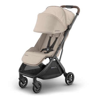 UPPAbaby Minu V3 Stroller - Ada (Sandstone / Chestnut Leather), three quarter left sunshade