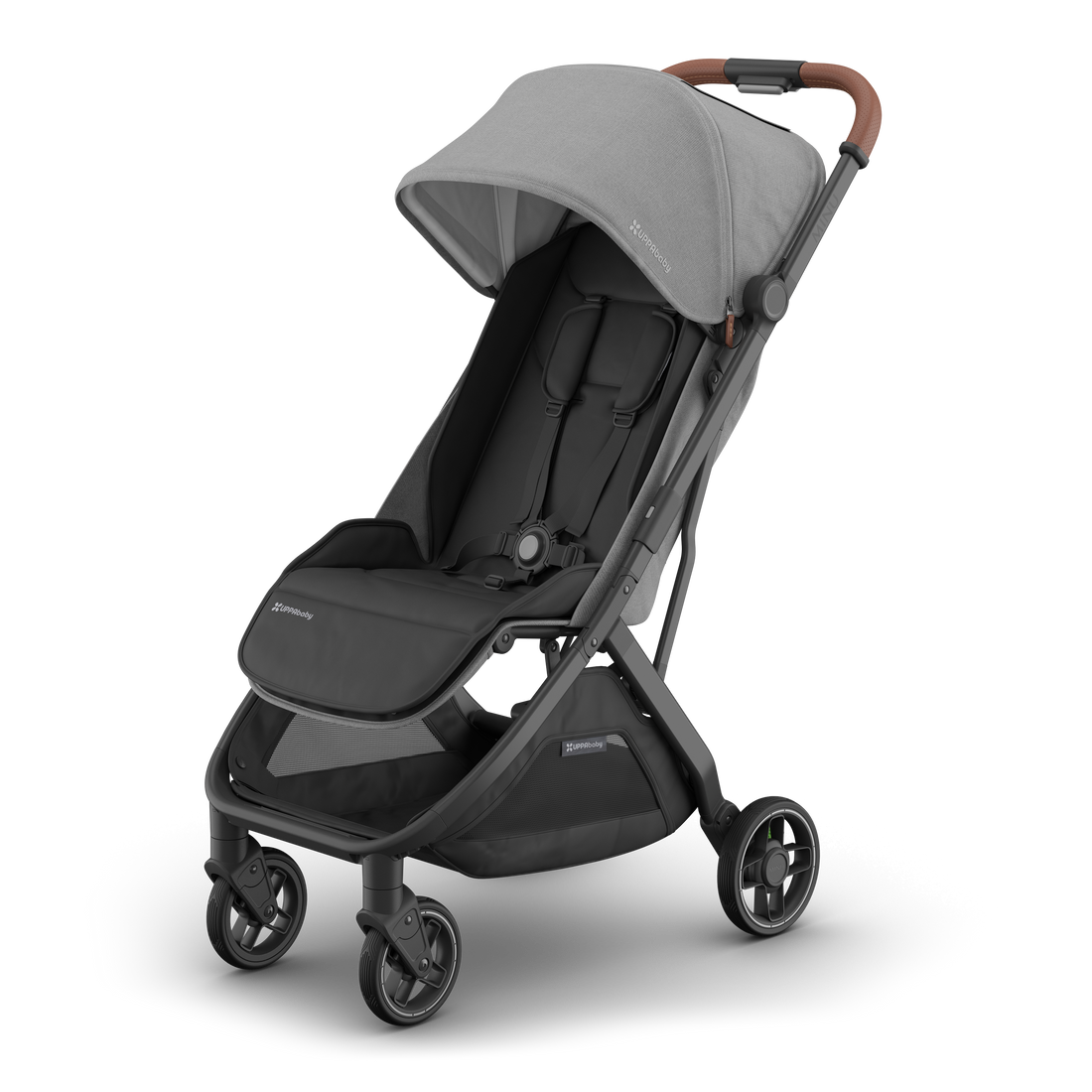 UPPAbaby Minu V3 Stroller - Greyson (Charcoal / Carbon / Saddle Leather), three quarter left hero