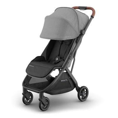 UPPAbaby Minu V3 Stroller - Greyson (Charcoal / Carbon / Saddle Leather), three quarter left sunshade