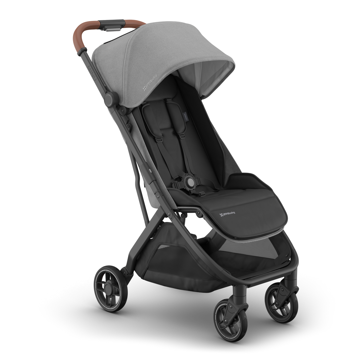 UPPAbaby Minu V3 Stroller - Greyson (Charcoal / Carbon / Saddle Leather), three quarter right