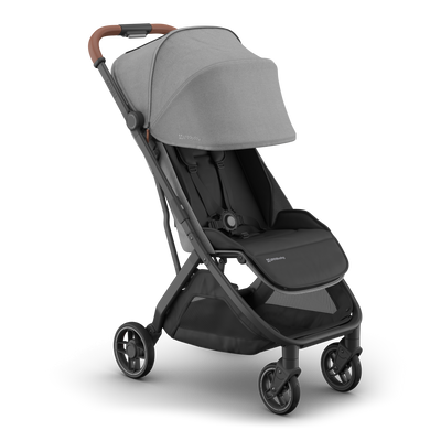 UPPAbaby Minu V3 Stroller - Greyson (Charcoal / Carbon / Saddle Leather), three quarter right sunshade