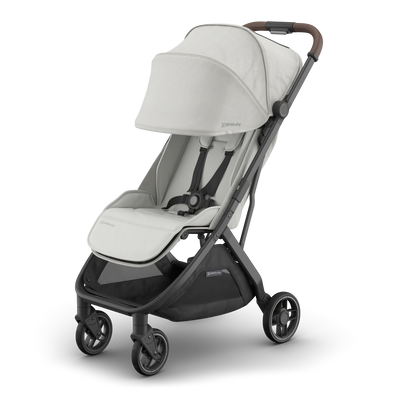 UPPAbaby Minu V3 Stroller - Savannah (Pearl Grey / Carbon), three quarter left sunshade