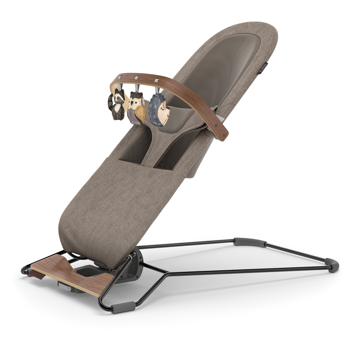 UPPAbaby Mira Baby Bouncer Forest Fun Toy Bar (Grey / Walnut Wood), three quarter left