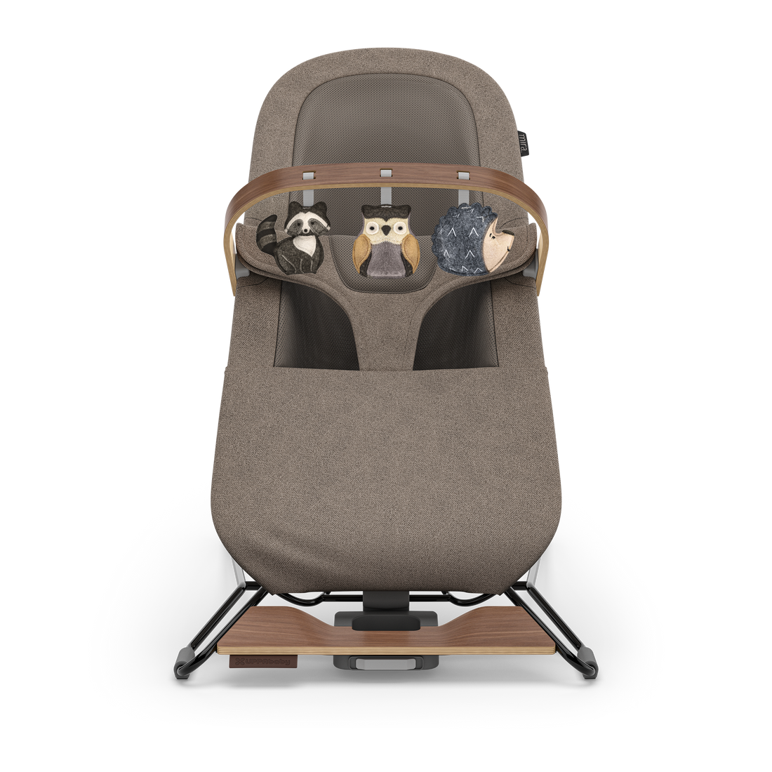 UPPAbaby Mira Baby Bouncer Forest Fun Toy Bar (Grey / Walnut Wood), front