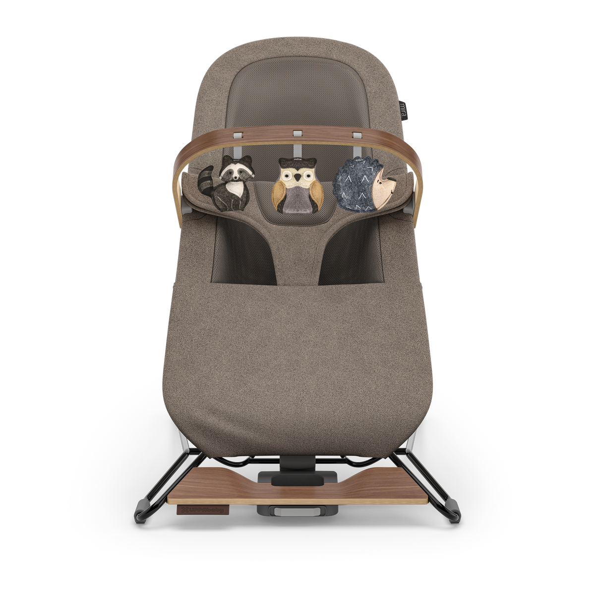 UPPAbaby Mira Baby Bouncer Forest Fun Toy Bar (Grey / Walnut Wood), front