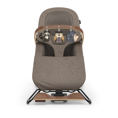 UPPAbaby Mira Baby Bouncer Forest Fun Toy Bar (Grey / Walnut Wood), front