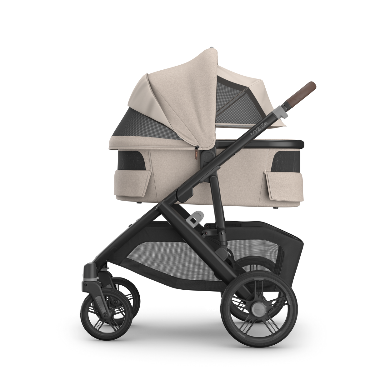 UPPAbaby V3 Bassinet - Ada (Sandstone / Chestnut Leather), on Vista V3, side all vents open