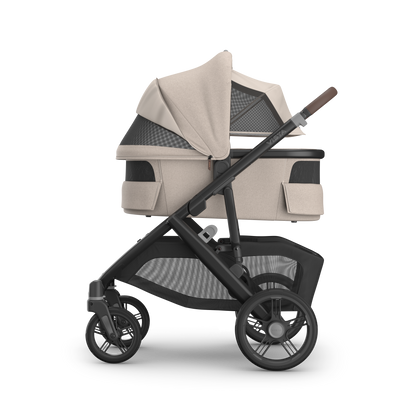 UPPAbaby V3 Bassinet - Ada (Sandstone / Chestnut Leather), on Vista V3, side all vents open