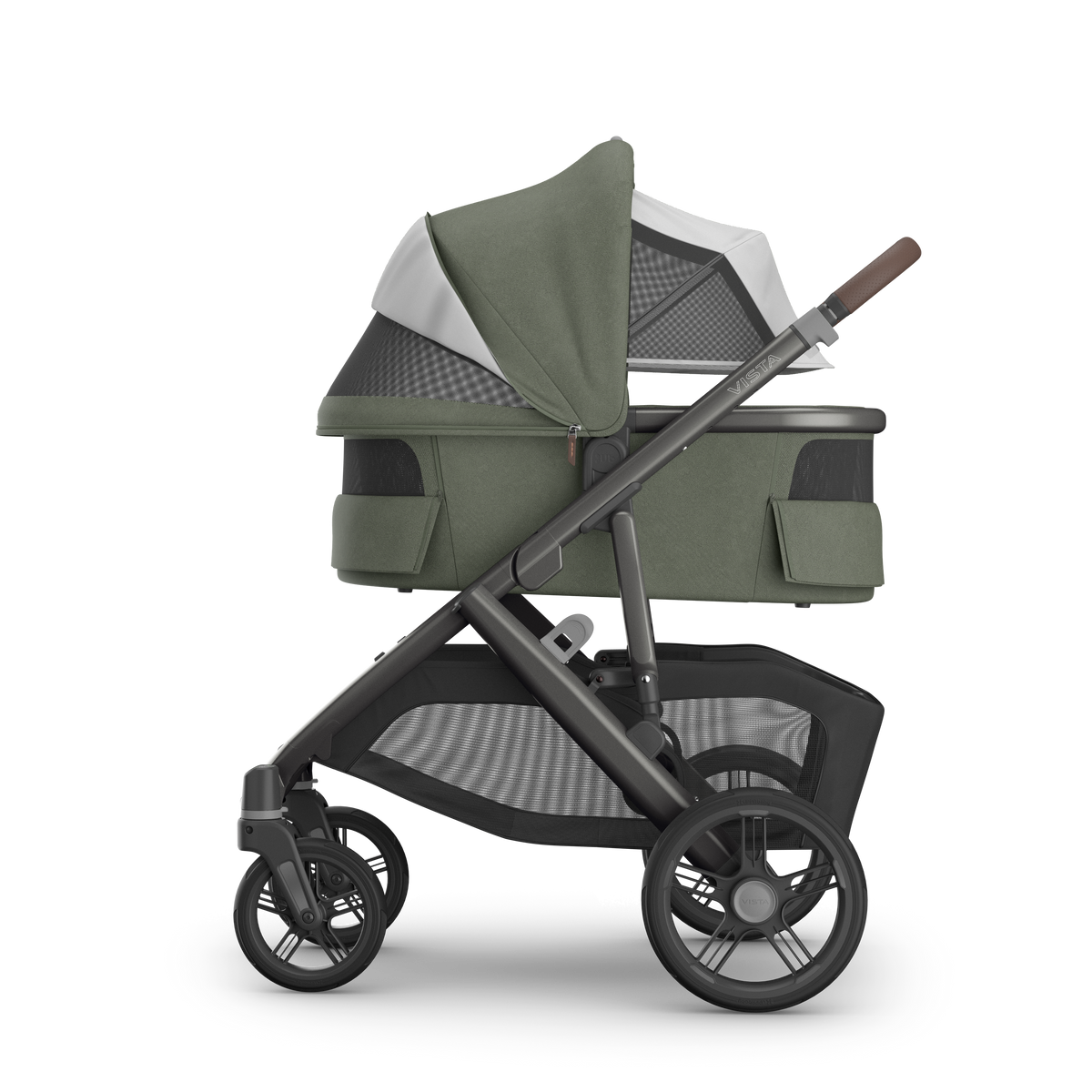 UPPAbaby V3 Bassinet - Evelyn (Meadow Green), on Vista V3, side all vents open