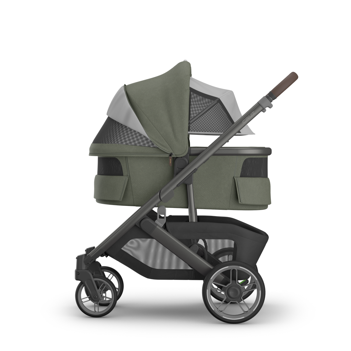 UPPAbaby V3 Bassinet - Evelyn (Meadow Green), on Cruz V3, side all vents open