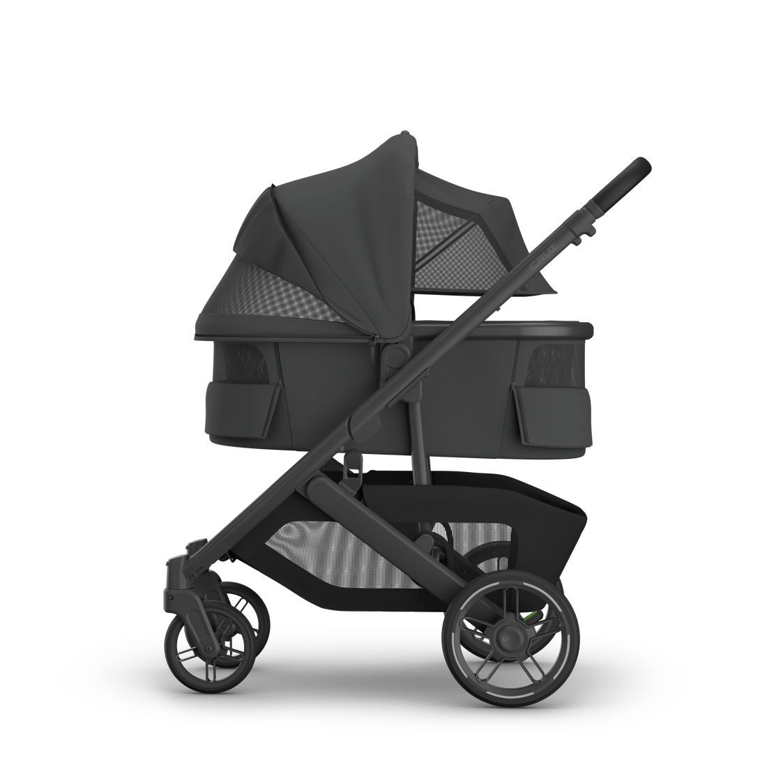 UPPAbaby V3 Bassinet - Jake (Charcoal / Carbon), on Cruz V3, side all vents open