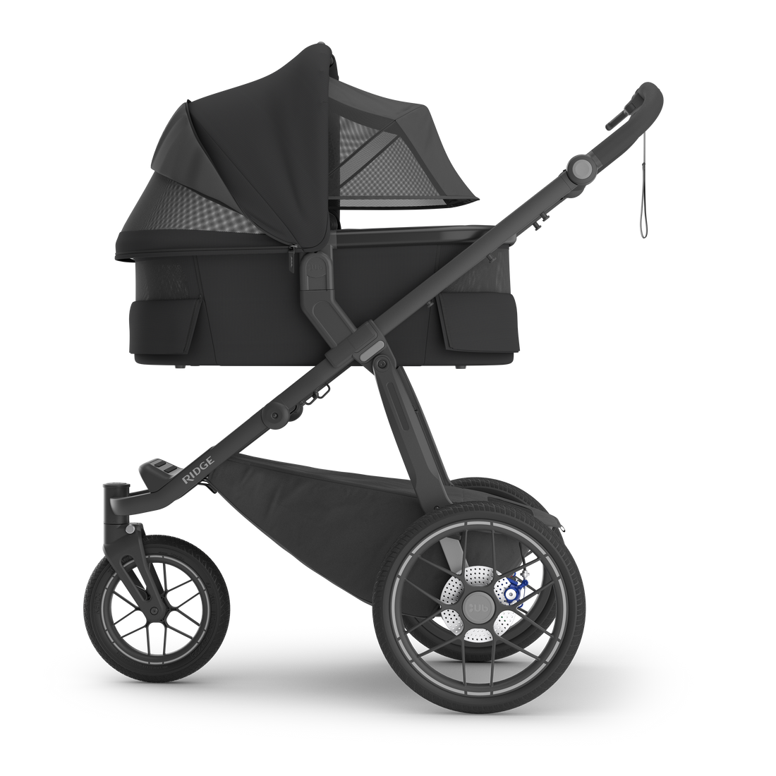 UPPAbaby V3 Bassinet - Jake (Charcoal / Carbon), on Ridge V2, side all vents open