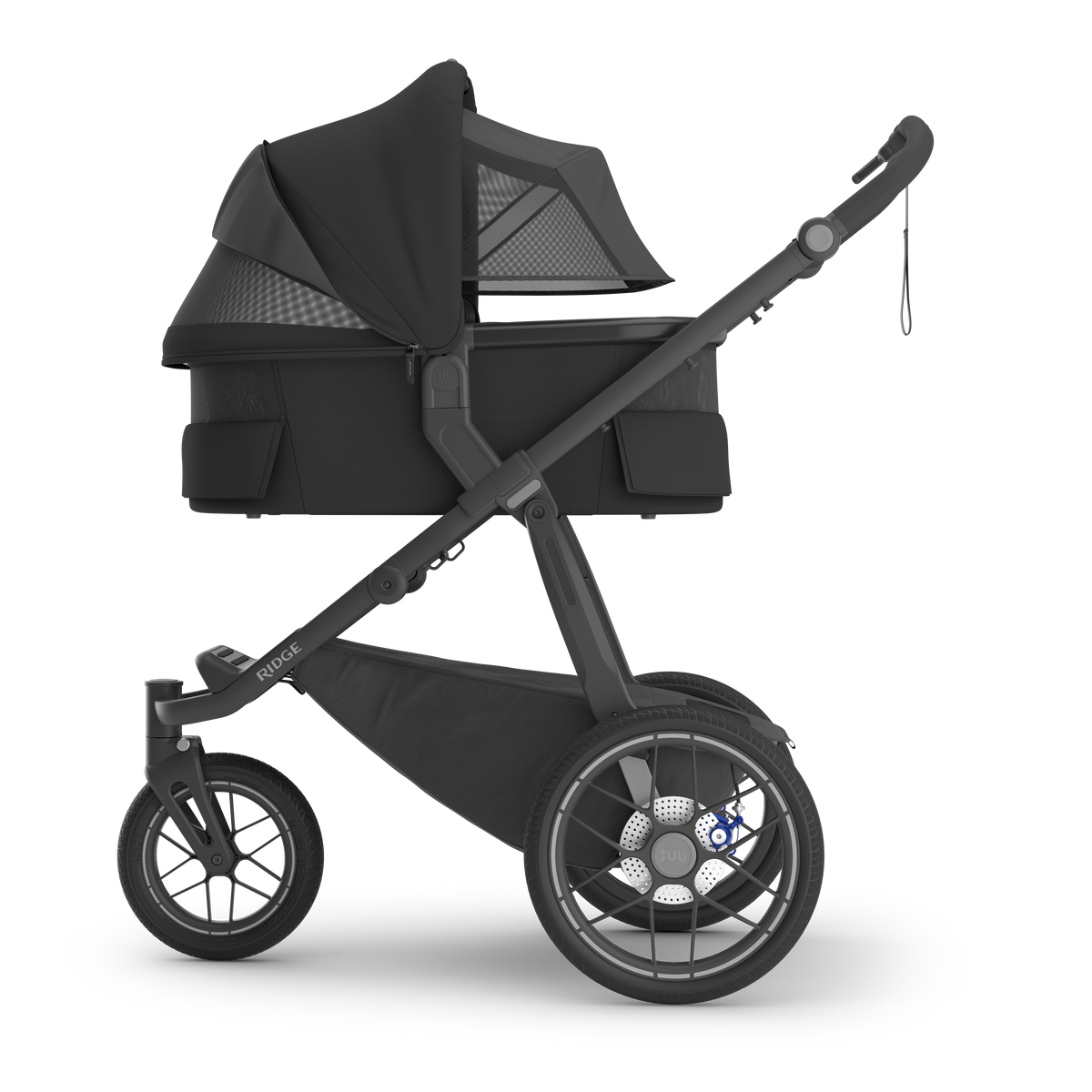 UPPAbaby V3 Bassinet - Jake (Charcoal / Carbon), on Ridge V2, side all vents open