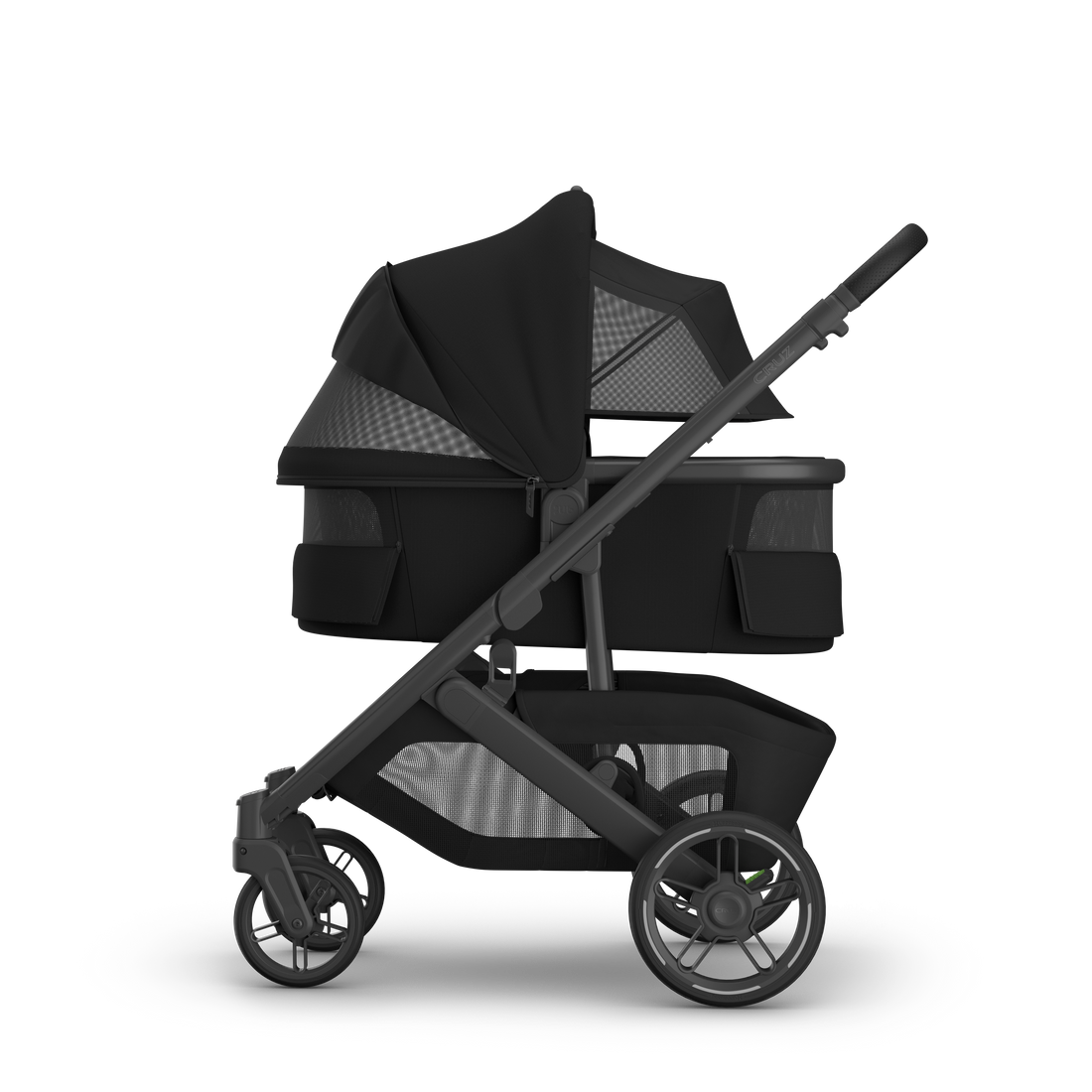 UPPAbaby V3 Bassinet - James (Black), on Cruz V3, side all vents open
