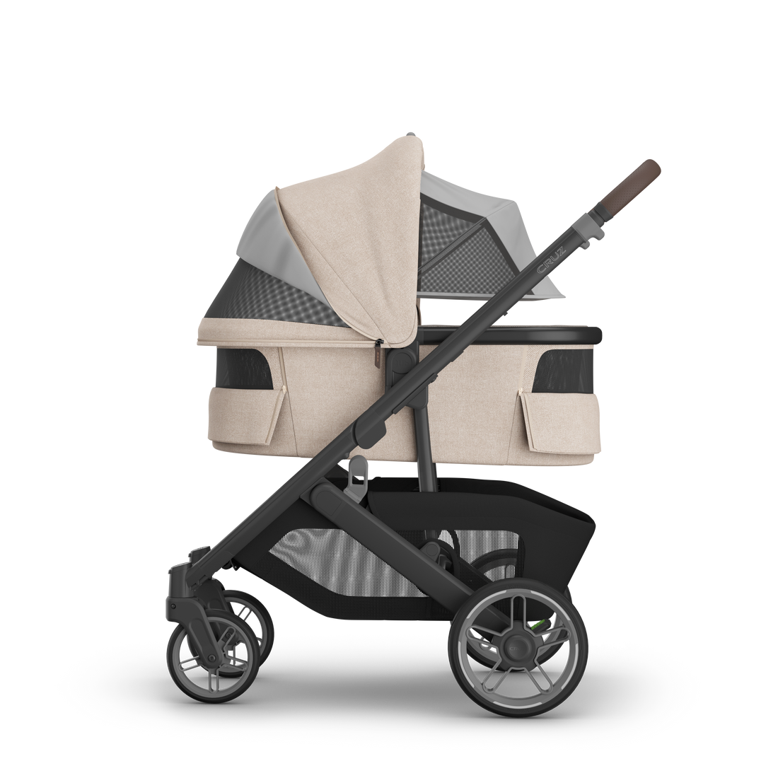 UPPAbaby V3 Bassinet - Liam (Oat Melange / Carbon), on Cruz V3, side, all vents open