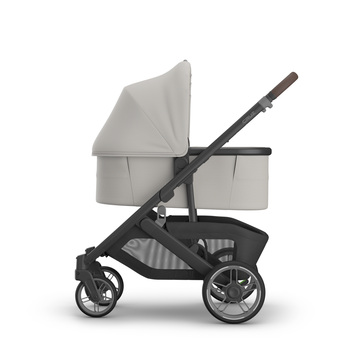 UPPAbaby V3 Bassinet - Savannah (Pearl Grey Jacquard / Carbon Melange / Black), on Cruz V3, side