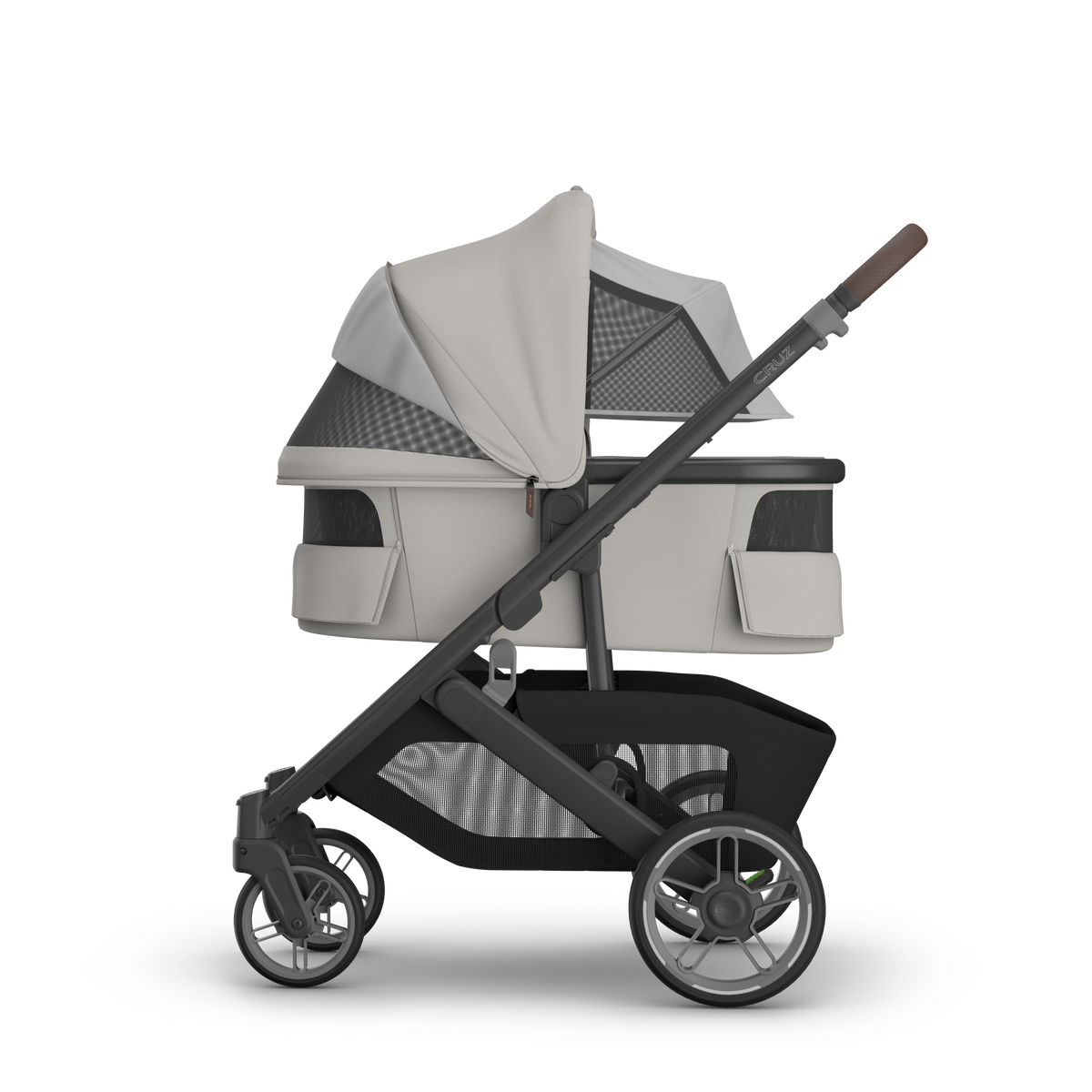 UPPAbaby V3 Bassinet - Savannah (Pearl Grey Jacquard / Carbon Melange / Black), on Cruz V3, side all vents open