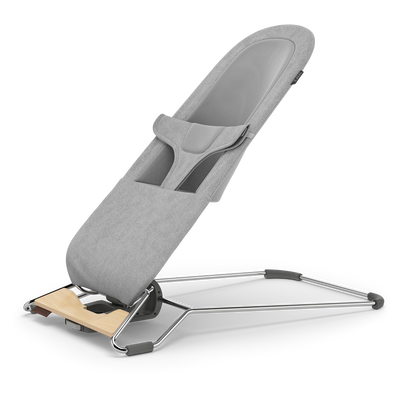 UPPAbaby Mira Baby Bouncer - Stella (Grey Mélange / Silver Chrome / Maple Wood), three quarter left