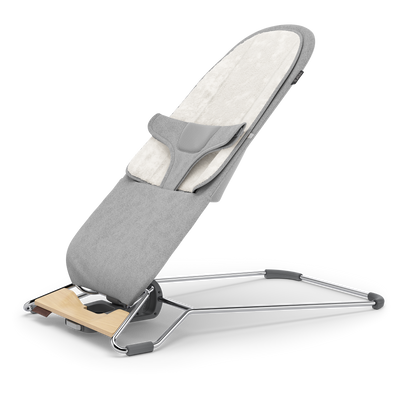 UPPAbaby Mira Baby Bouncer - Stella (Grey Mélange / Silver Chrome / Maple Wood), three quarter left insert