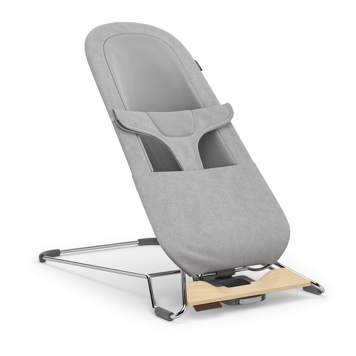 UPPAbaby Mira Baby Bouncer - Stella (Grey Mélange / Silver Chrome / Maple Wood), three quarter right