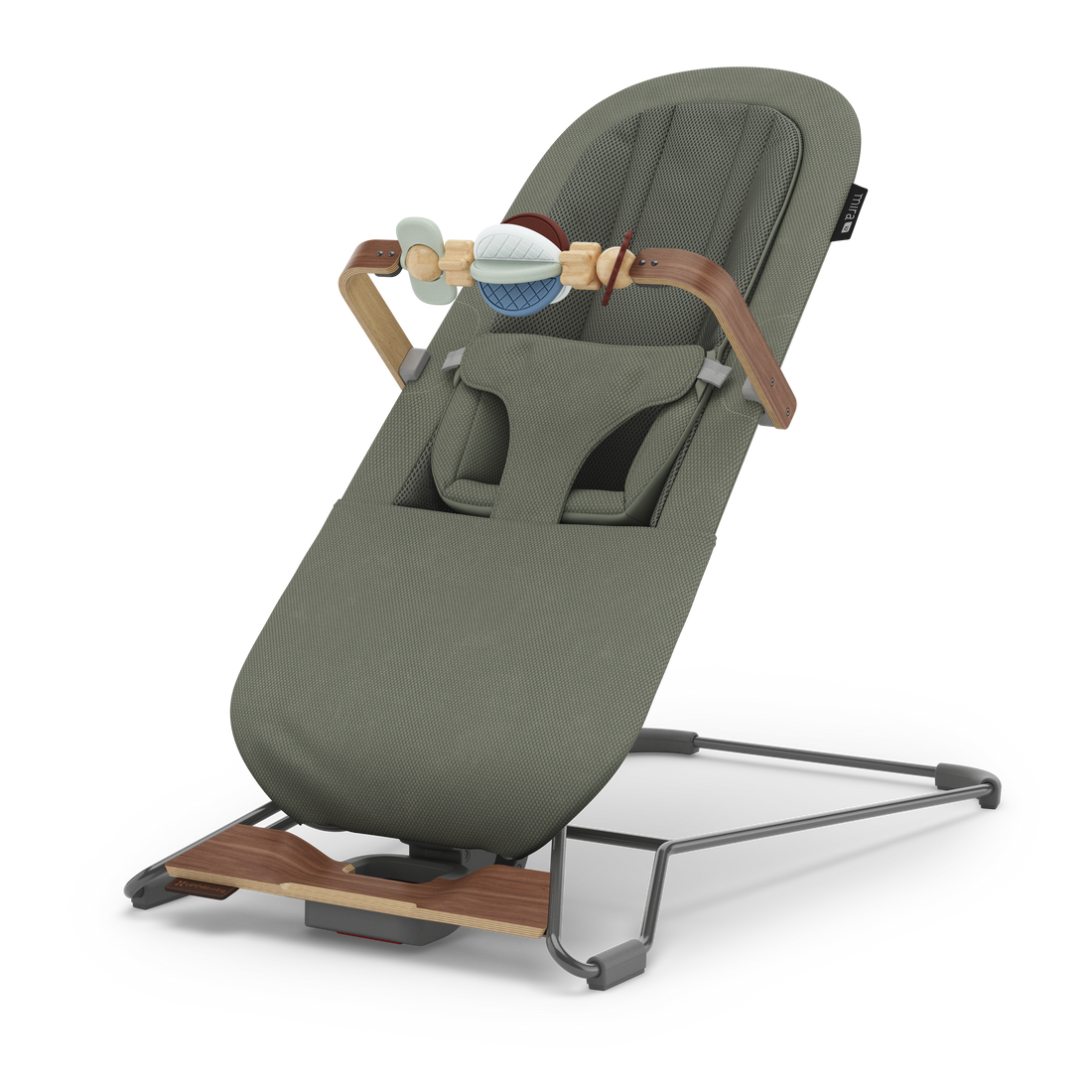 UPPAbaby Mira V2 3-in-1 Bouncer in Maddie (Green Soft Knit / Walnut), three-quarter view from the left