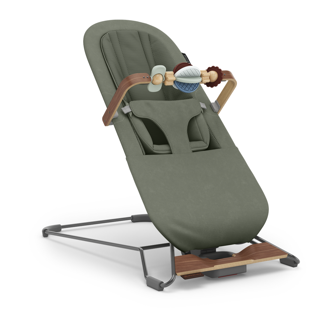 UPPAbaby Mira V2 3-in-1 Bouncer in Maddie (Green Soft Knit / Walnut), three-quarter view